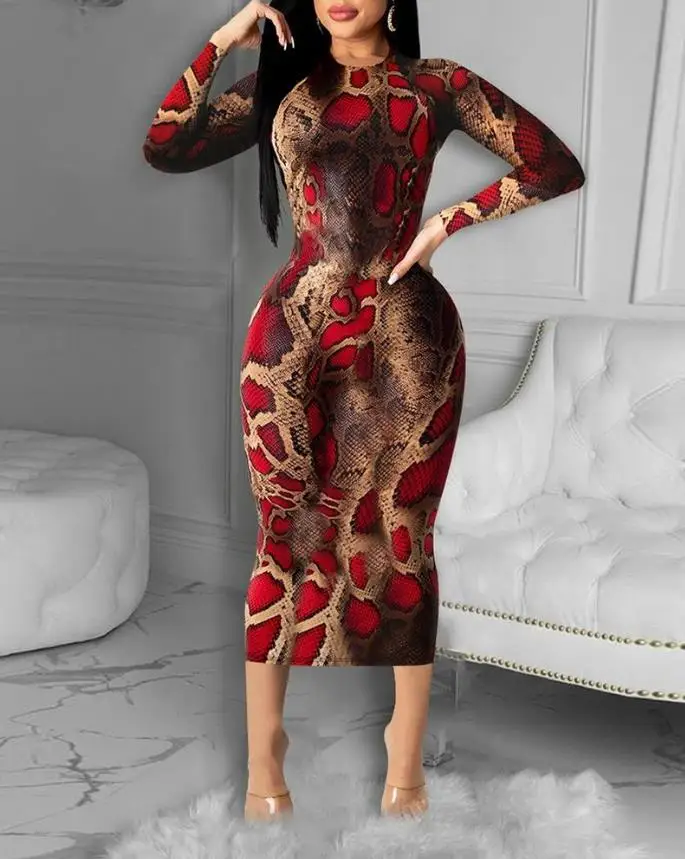 

Snakeskin Print Long Sleeve Bodycon Dress