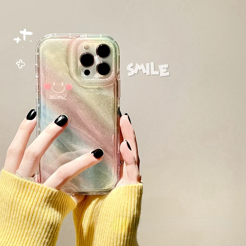 

INS Style Luminous Smile Face Phone Case For IPhone 14Pro Max 13Plus 12 11 X XR/XS Rainbow Shockproof Phone Cover