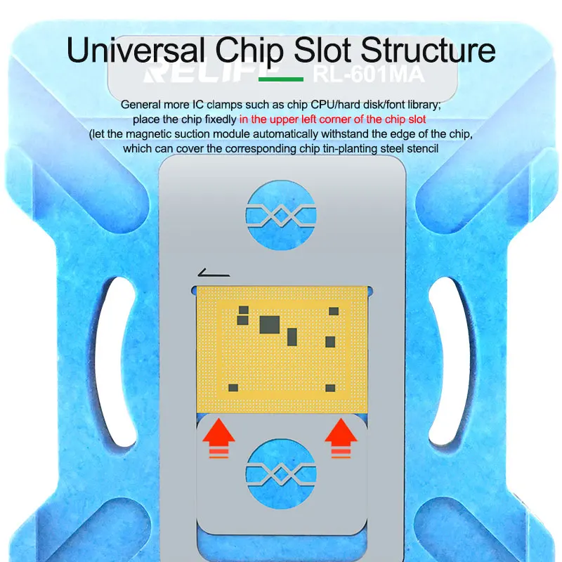 

RELIFE RL-601MA A8-A15 IPhone CPU Tin Planting BGA Set IC Chip Tin Planting Template Fixture CPU/hard Disk/font Library Tools