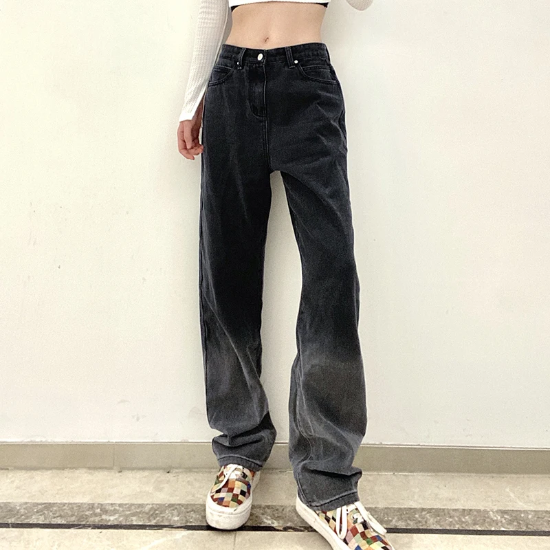 

Женские свободные прямые джинсы, модные уличные длинные серые повседневные джинсовые брюки с градиентом и высокой талией и карманами, черные, 2021