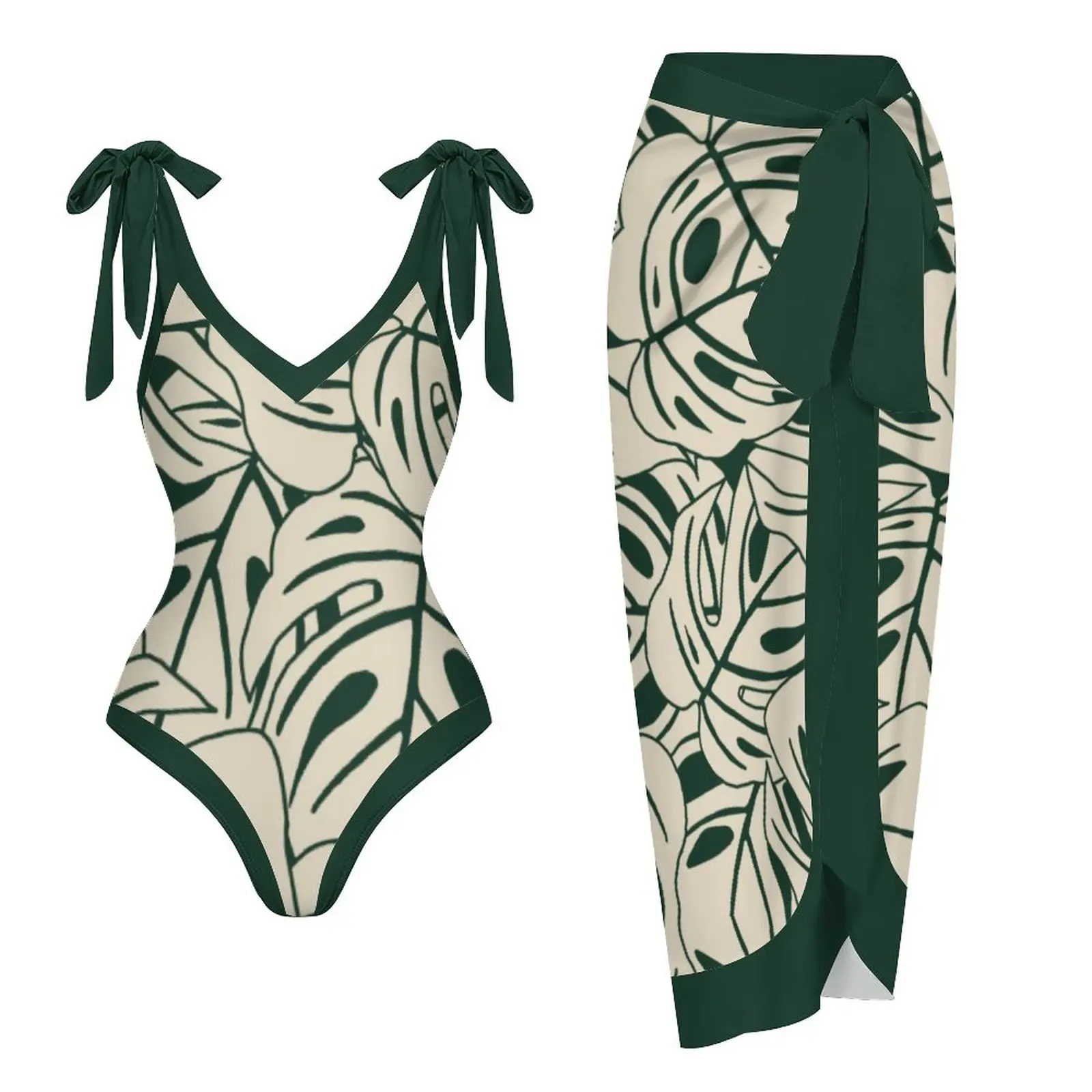 

Green Plant Leaf Print Deep V-Neck Sling Halter Bikini Sexy Low Waist Halter Patchwork Swimsuit Women 2023 Large Size Beachwear