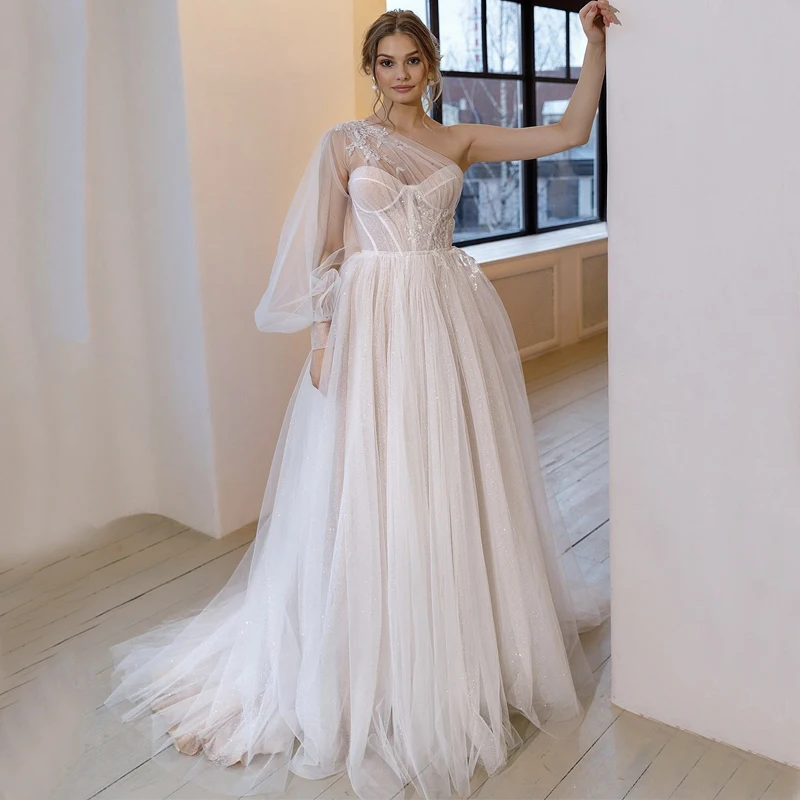 

Single Long Sleeve Sweetheart Appliques Pleats Lace Up Sparkle Tulle A-Line Wedding Dress Bridal Gown Vestido De Noiva