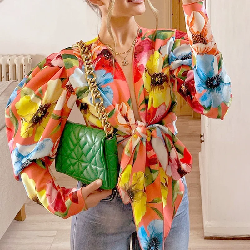 

Fashion Women's Casual Printed V-neck Shirt Sexy Nightclub Party Cardigan Long Sleeve Bandage Crop Top Office Lady Fashion Shirt