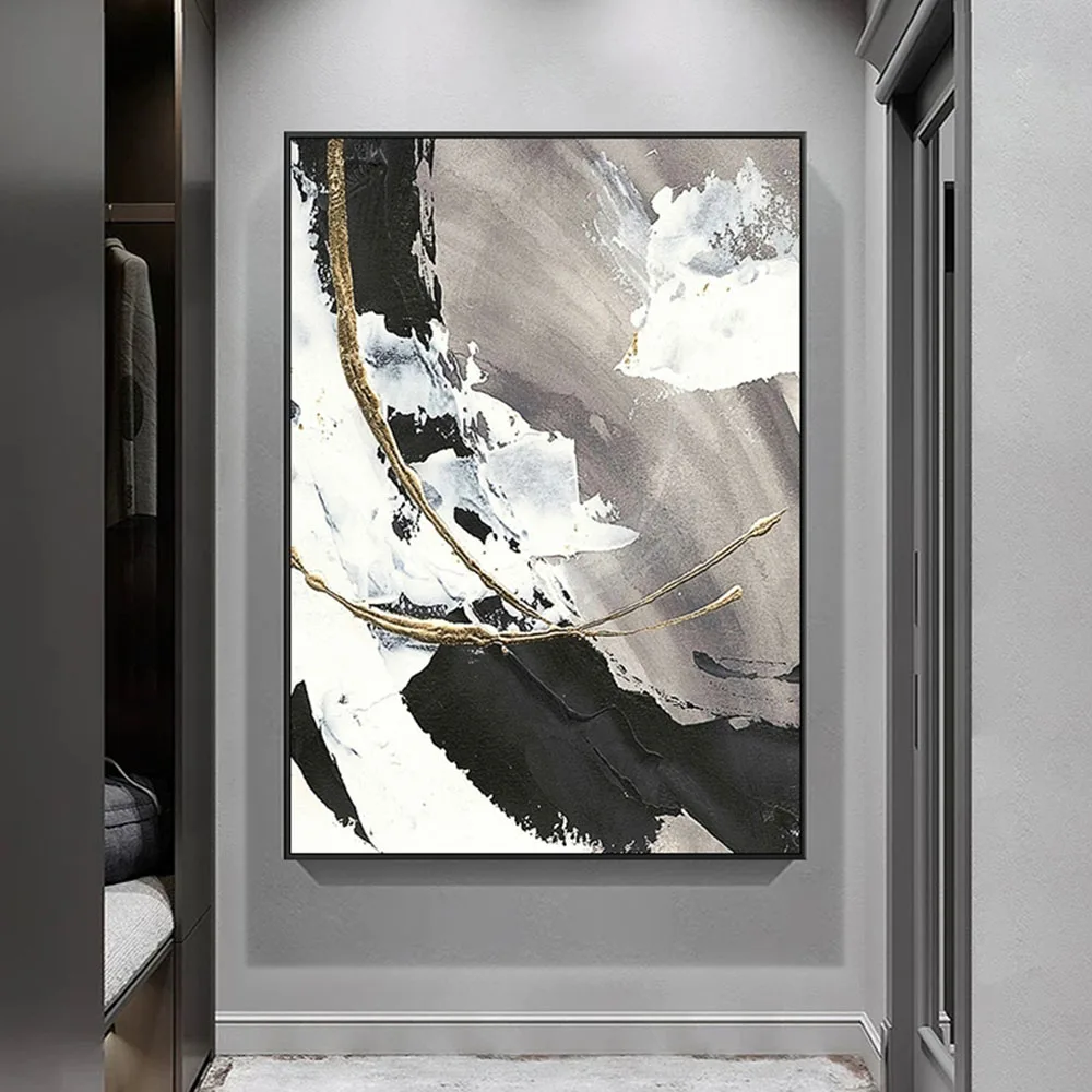 

Hand Painted Black And White Grey Wall Art Picture Abstract Minimalism Oil Painting Office Kitchen Living Room Bedroom Decor
