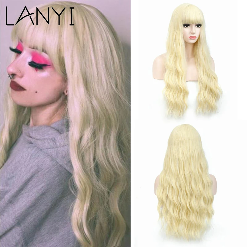 

LANYI Women's Long Curly Yellow Loose Natural Wavy Wigs with Bangs For Black White Women Afro Cosplay Daily Synthetic Hair 28"