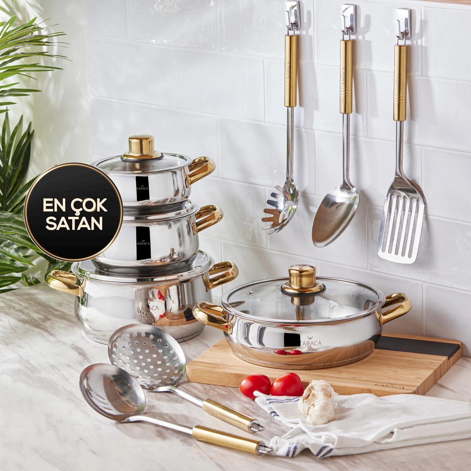 

Steel Cookware Set 13 Pieces Gold, Used in Induction Cookers, Deep Pot, Table Service Set, Ladle, Spoon, Pot, Colander