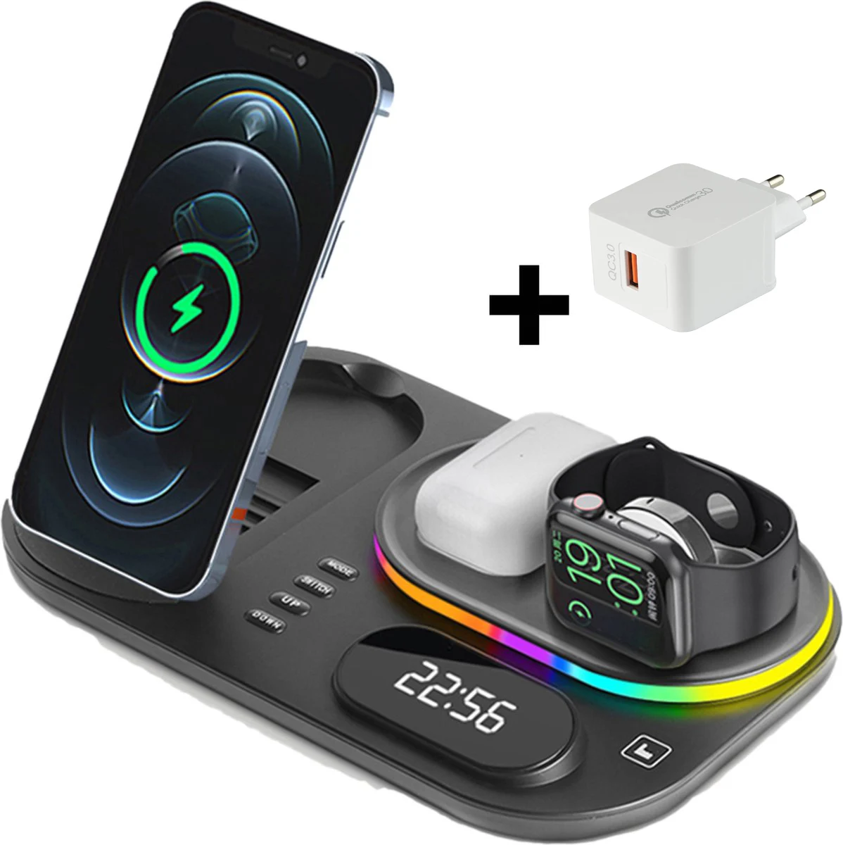 30W 4 in 1 Qi RGB Light Wireless Charger Fast Charging Dock Station For Watch iWatch 7 AirPods Pro 2 For Phone 13 12 XS