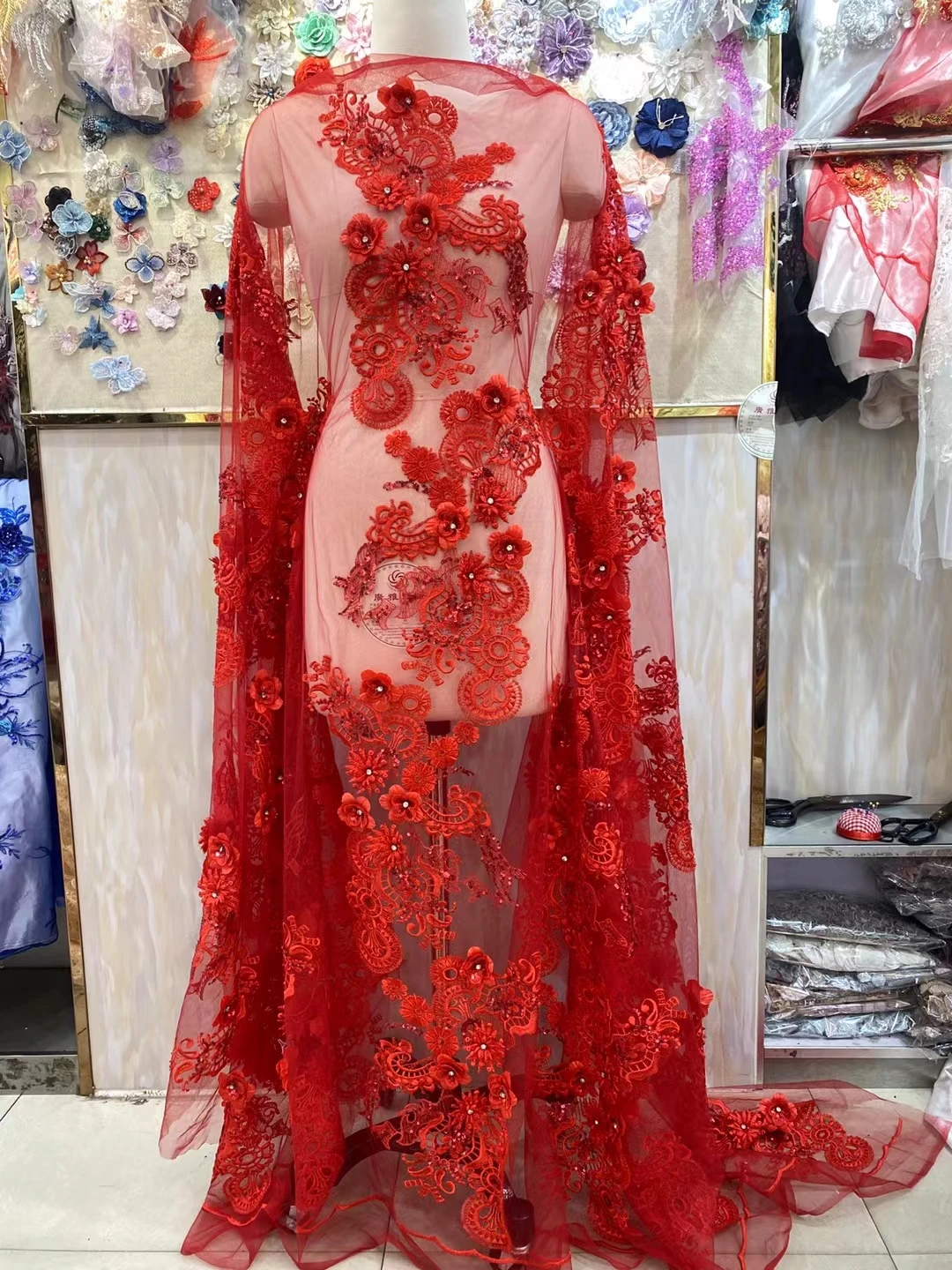 

2022 Luxury Elegant High Quality 3D Applique African Embroidery Heavior Stones lace Fabric For Bride Wedding Dress NN828_K