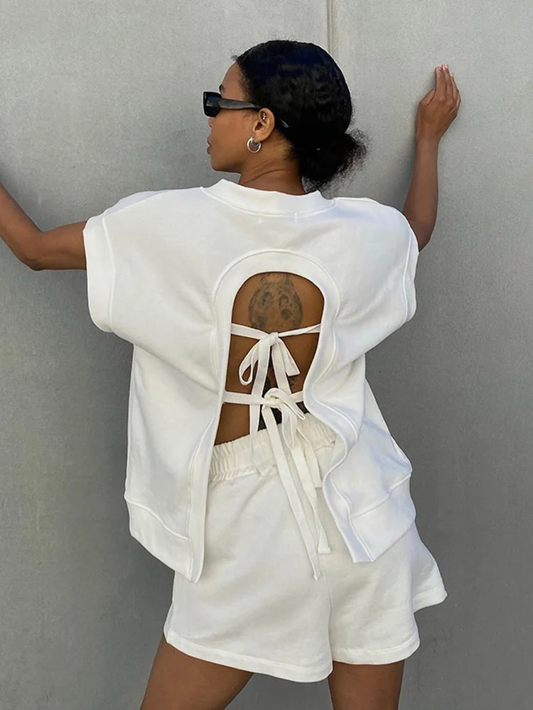 

Fashion Women 2 Pieces Outfits Streetwear 2022 Autumn Casual Bandage V-neck Backless T-shirt and Shorts Sets White Tracksuit
