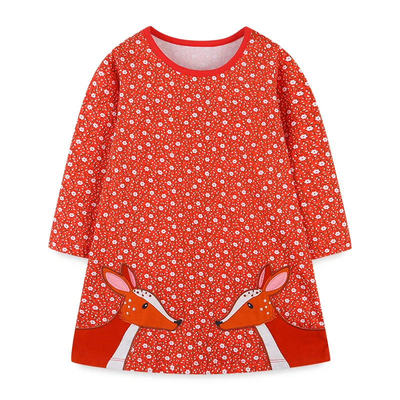 

New Girls' Deer embroidery Dress 2023 Spring-Autumn Fashion Printed Cartoon Tops Round Neck Casual Dress 2-7Y