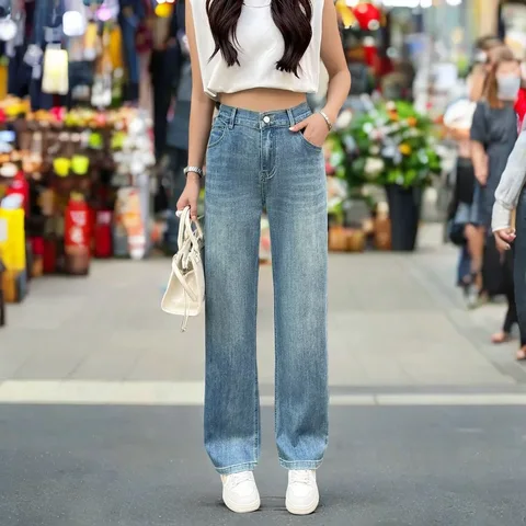 Женские прямые джинсы больших размеров 2025, новые летние повседневные тонкие и простые джинсовые брюки-сигареты, длинные брюки 100 кг 8651