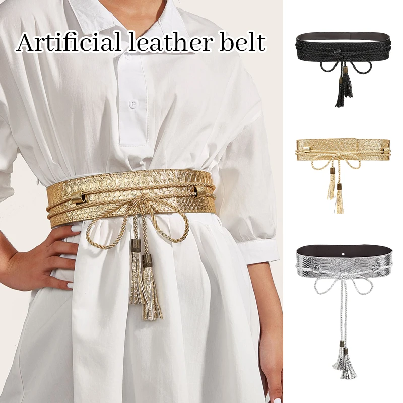 6cm Wide Faux Leather Belt Women Waist Rope Tie Wrap Snake Skin Texture Tassel Corset Fashion Fancy Dress Belt Gold/Silver/Black