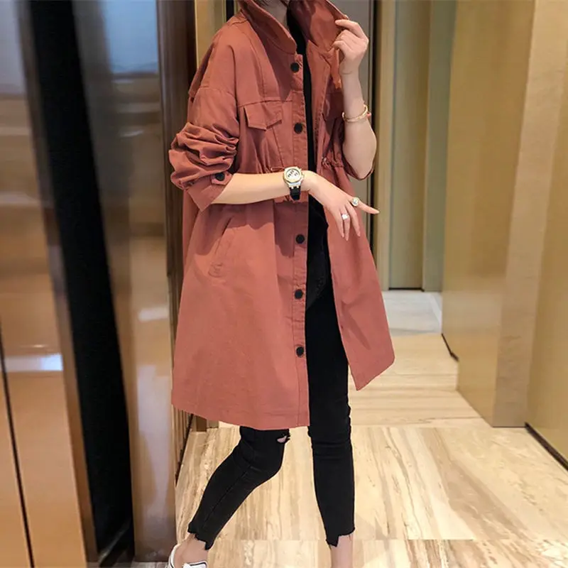 

Women Trench Windbreaker Spring Autum Big Size Casual Black Coat Khaki Midi Length Windbreaker Female Outerwear 4XL