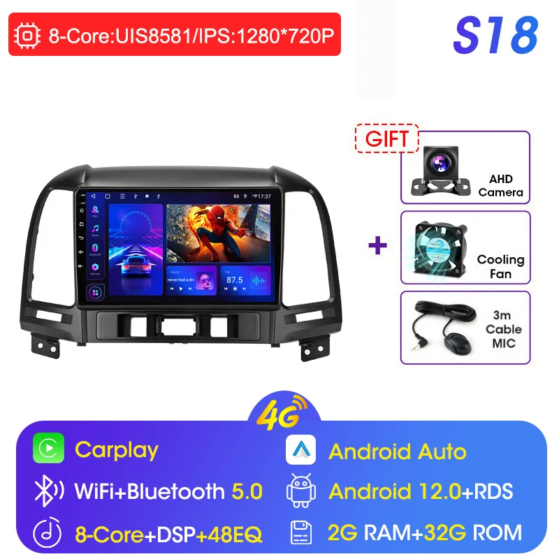 

JMCQ для Hyundai Santa Fe 2006-2012 Android 12,0 DSP Автомагнитола мультимедийный видеоплеер аудио навигация GPS 2 Din 4G головное устройство