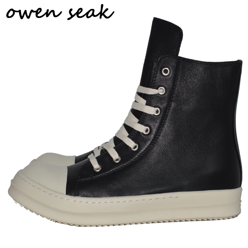 

Owen Seak Men Shoes High-TOP Ankle Boots Genuine Leather Women Sneaker Luxury Trainers Casual Lace-up Zip Flat Black White Shoes