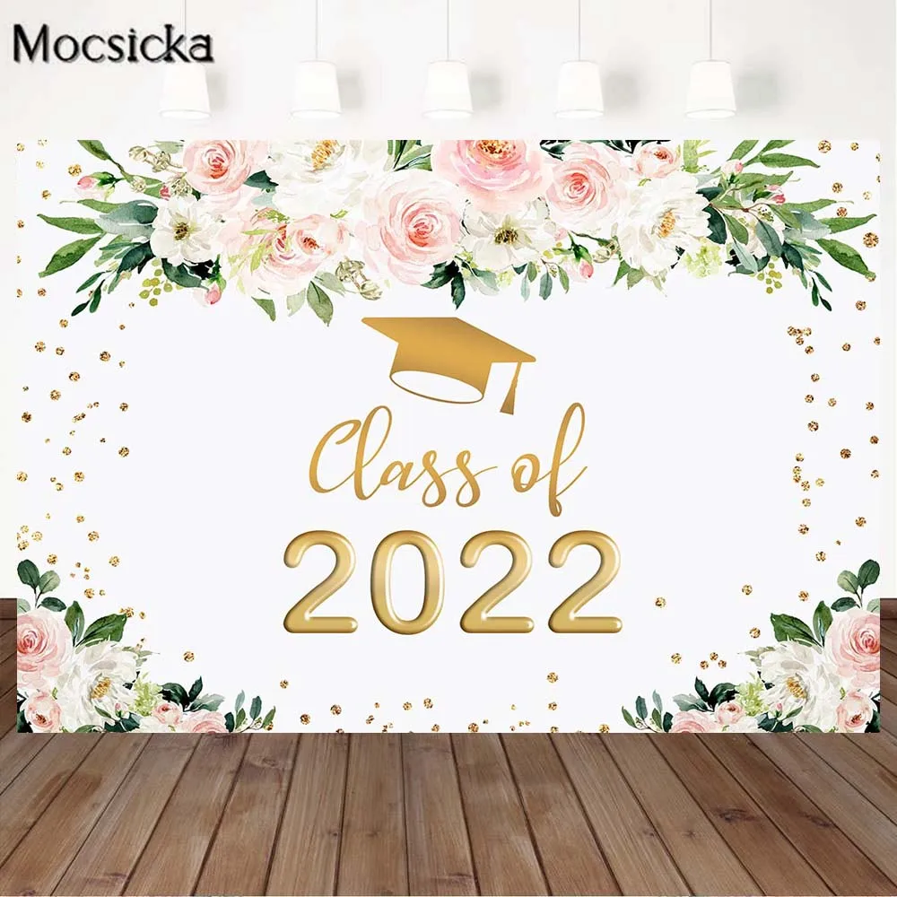 

Graduation Party Backdrop Class of 2022 Pink White Flowers Golden Polka Spots Photography Background Congrats Grad Banner Decor
