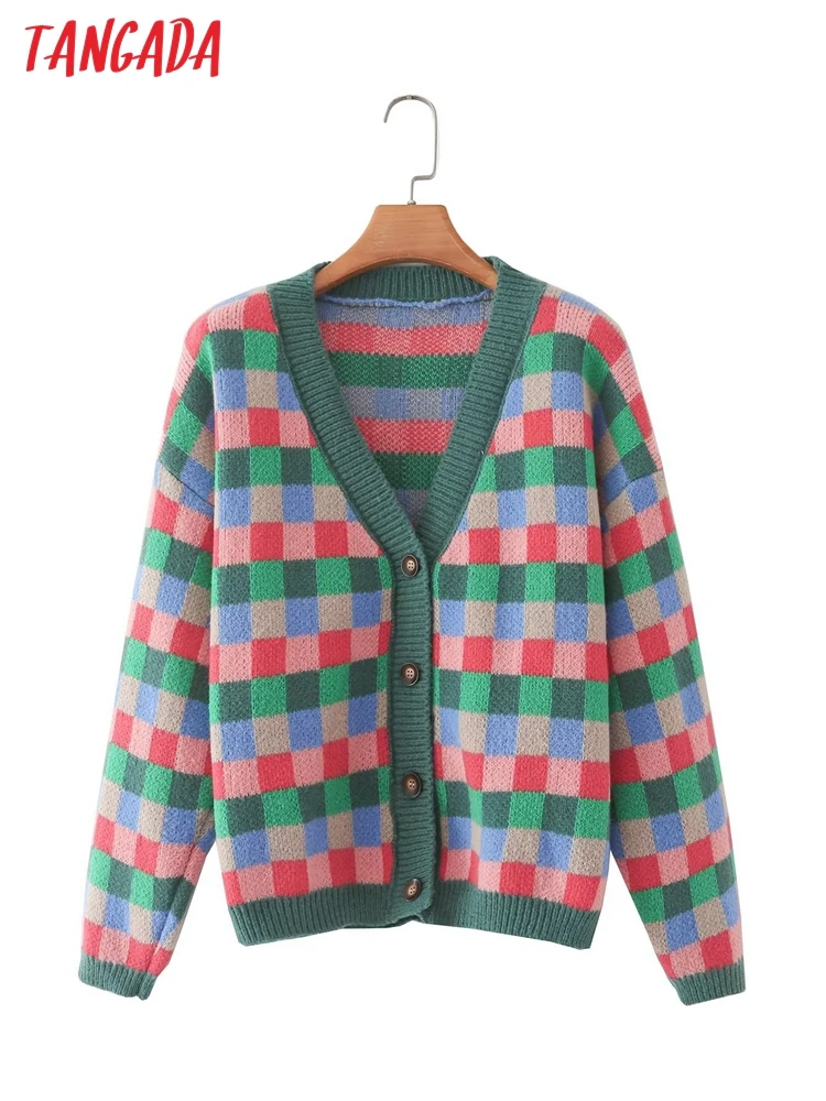 

Tangada 2022 Autumn Winter Women Colorful Plaid Knitted Cardigan Sweater Jumper Button-up Female Tops 4T58