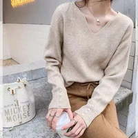 autumn winter solid color v neck womens sweater korean fashion elegant chic loose long sleeve top sueters de mujer