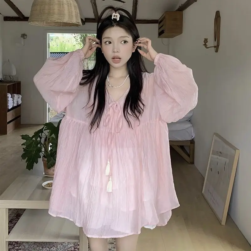 Женская рубашка с длинным рукавом и V-образным вырезом в Корейском стиле новинка