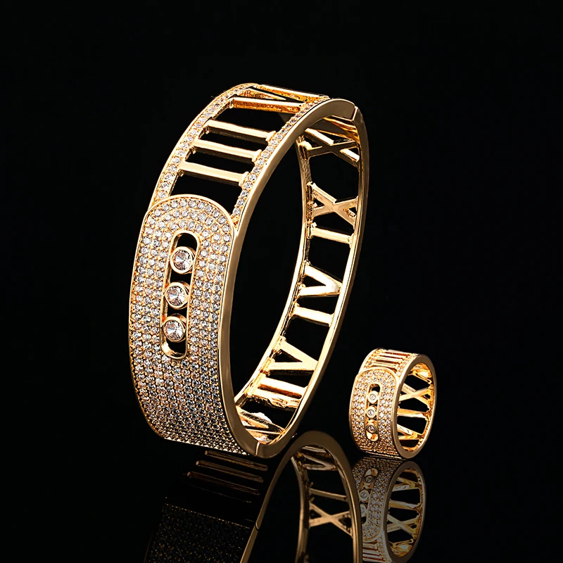 

Hollow Roman Numerals Set Bracelet Rings AAA Zircon Lover Rings woman luxury quality bangle bridal wedding jewelry 2 pieces Set