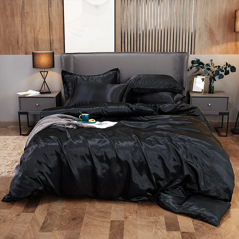 

Solid Color Luxury Icy Silk Bedding Set Twin Queen King Size Bed Set Duvet Cover Pillow Case and Bed Sheet Set Black