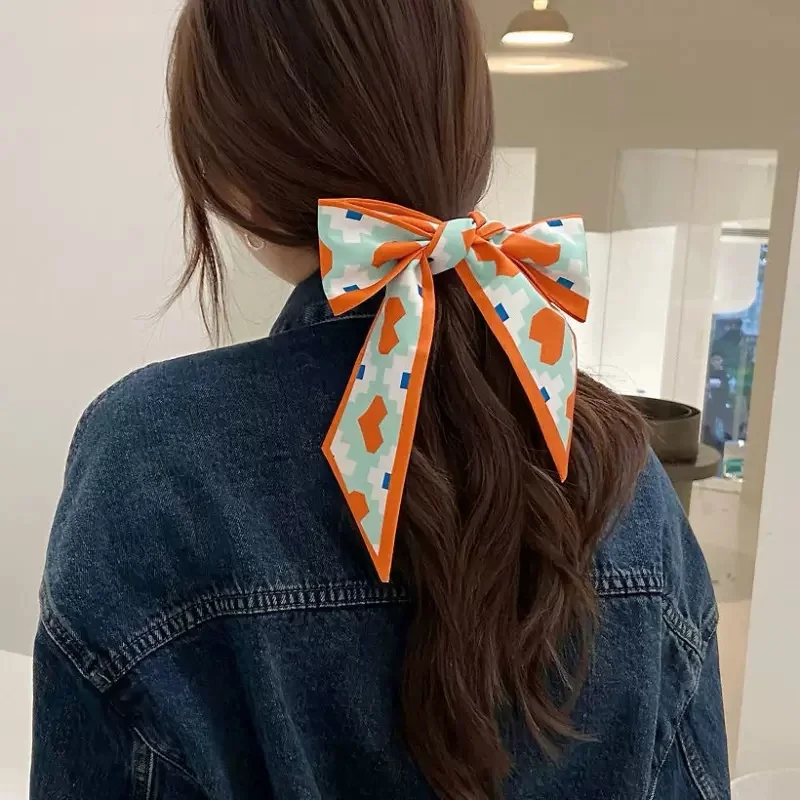 

Fashion Printing Chiffon Check Grace Long Ribbon Bow Lady Headdress Scrunchie Ponytail Holder Tie Women Silk Scarves Hair Band