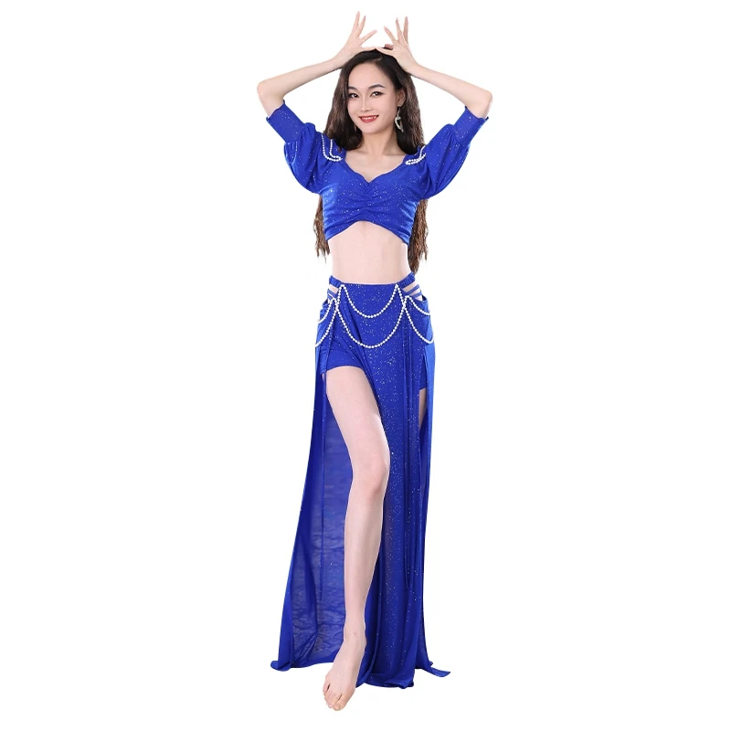 

Sexy Two-Piece Belly Dance Costume Suit For Women Pearls Decor Elegant Off Shoulder Suspenders Tops With Long Hollow Skirts