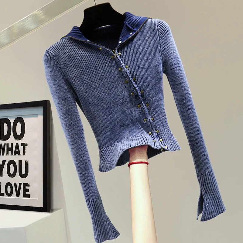 

2023 New Autumn Winter Turtleneck Sweater Long Sleeve Elastic Knitwear Heavy Industry Rivets Zipper Knitted Top Women's Sweaters