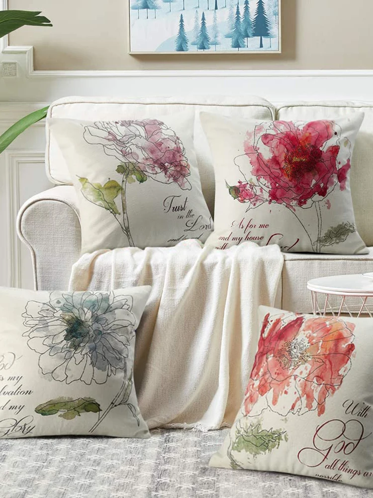 

1Pc Linen Pillowcase Car Sofa Pillowcase Cushion Cover Flower Line Element Pillow cover for Home Office Car Supplies Farm Style