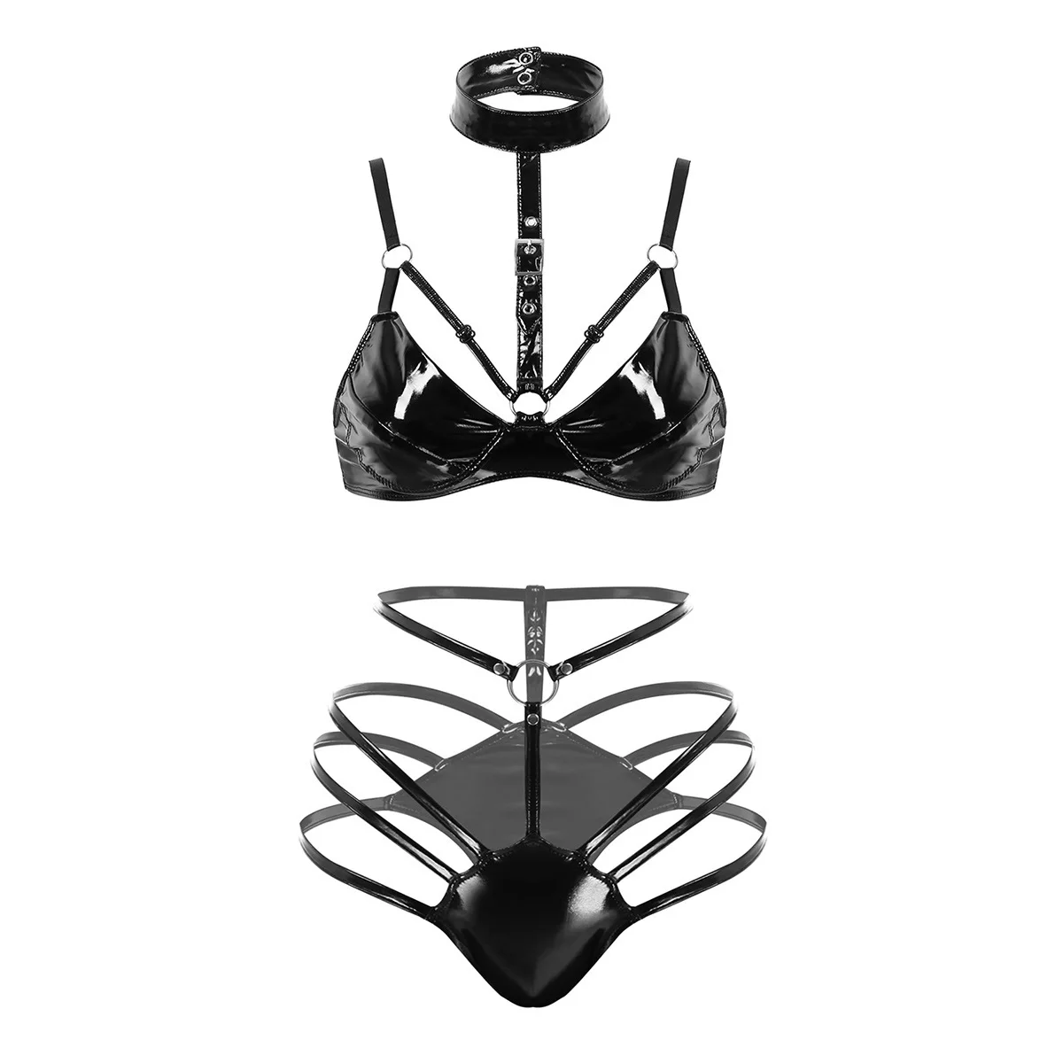 

Womens Wet Look Clubwear Leather Lingerie Set Spaghetti Straps Buckled Wire-free Bra Tops with Strappy G-string Briefs Underwear