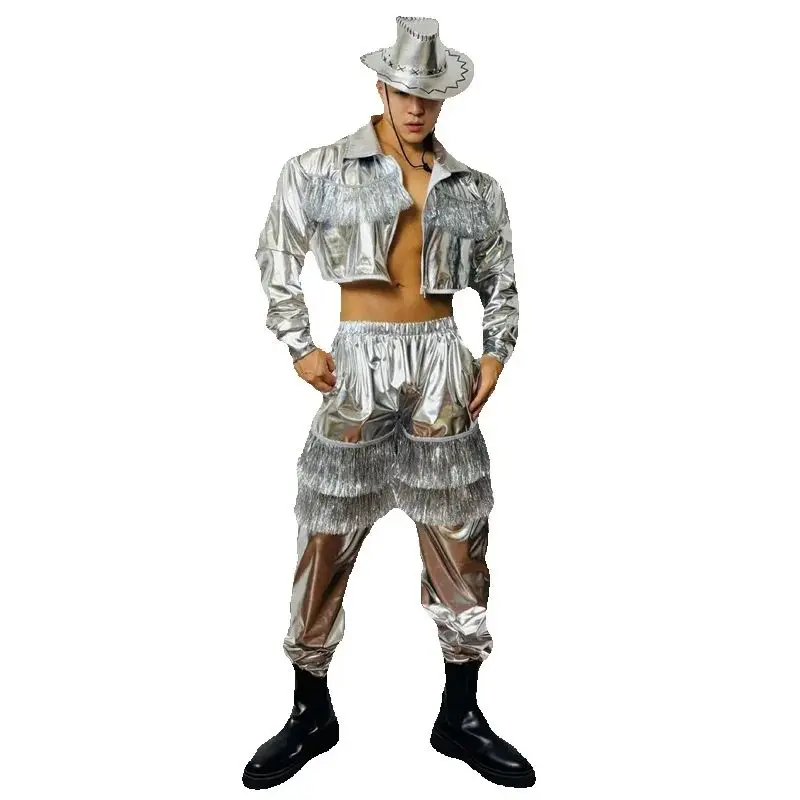 Мужской танцевальный костюм Muscle Man Silver Laser с бахромой в стиле хип-хоп, сексуальный костюм для танцев на пилоне, мужская одежда для джазовых танцев, одежда для выступлений в барах и на сцене, XS10402 (art.: 3920d875712ee) - 3920d875712ee