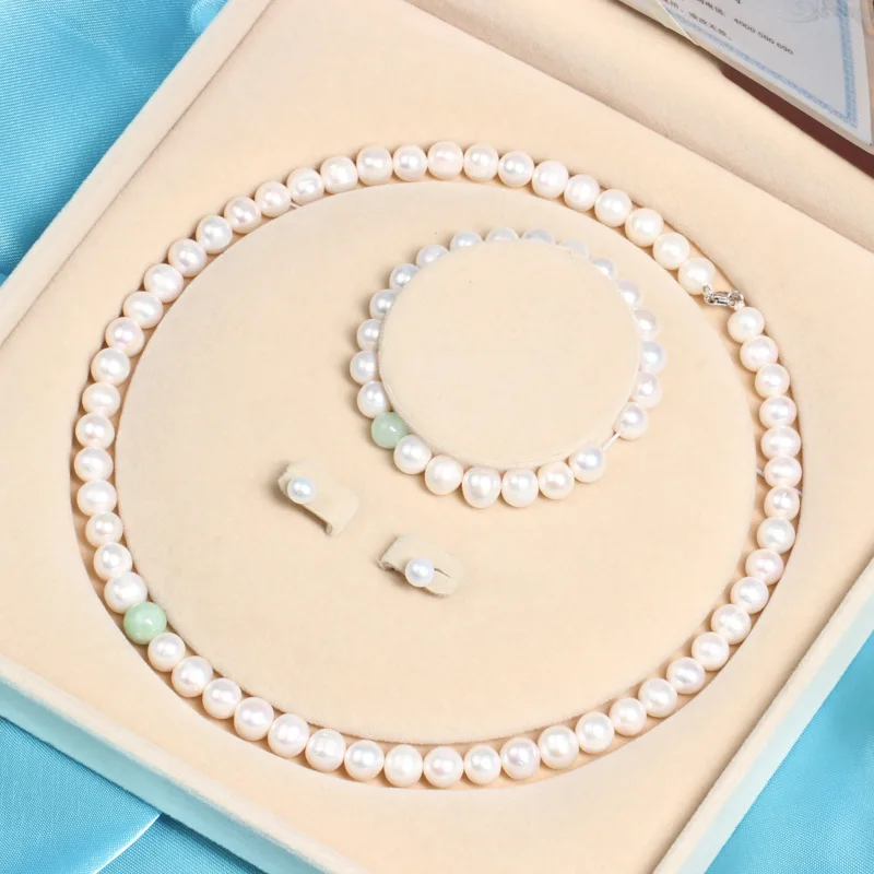 

Natural Fresh Water Pearl Necklace for Women 925 Sterling Silver Green Chalcedony Jade Pendant Bracelet Banquet Jewelry Sets