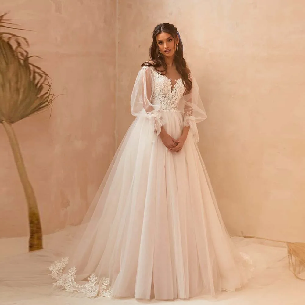 

Elegant Wedding Dresses Sweetheart Puff Sleeve Tulle Bridal Gown 2022 New Beaded Lace Illusion Back Button Appliques Bride Dress