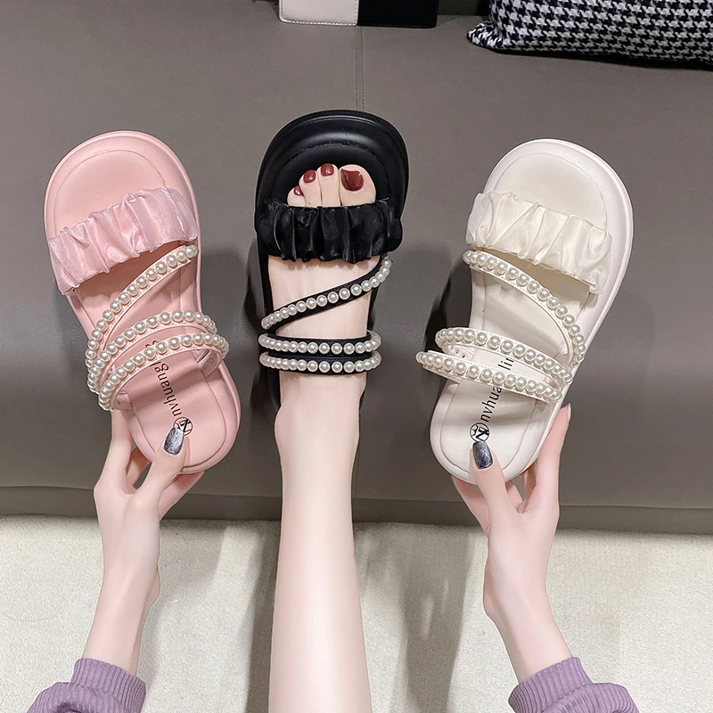 Women Pearl Wedge Sandals Summer 2023 Chunky Platform Slippers for Woman Thick Bottom Beach Flip Flops Gladiator Sandalias Mujer