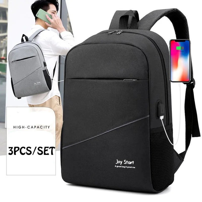 

3pcs/set Men's Backpack Bag Multifunctional USB Charging Men Male Storage Laptop Casual Business Bagpack Boys Teens School Bags