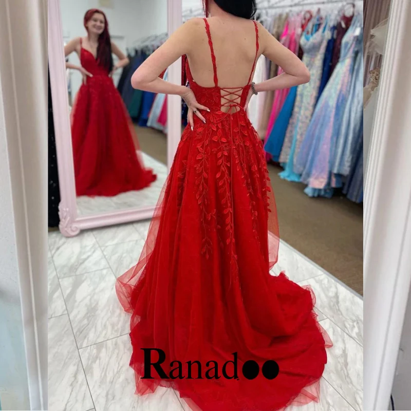 

Red Appliques Spaghetti Strap Evening Dresses Illusion A Line Tulle Lacing Up Court Train Abendkleider Custom Made