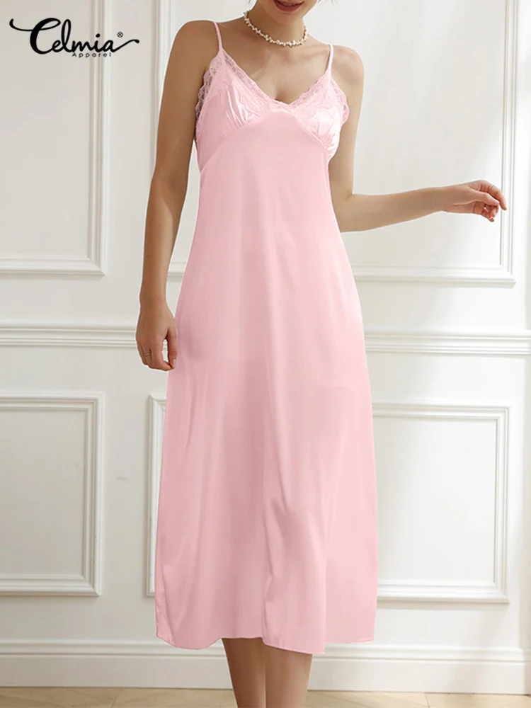 

Celmia Women Sleepwear Summer Elegant Lace Stitching Nightdress Casual Spaghetti Strap Satin Sleep Robe Sexy V Neck Nightgowns