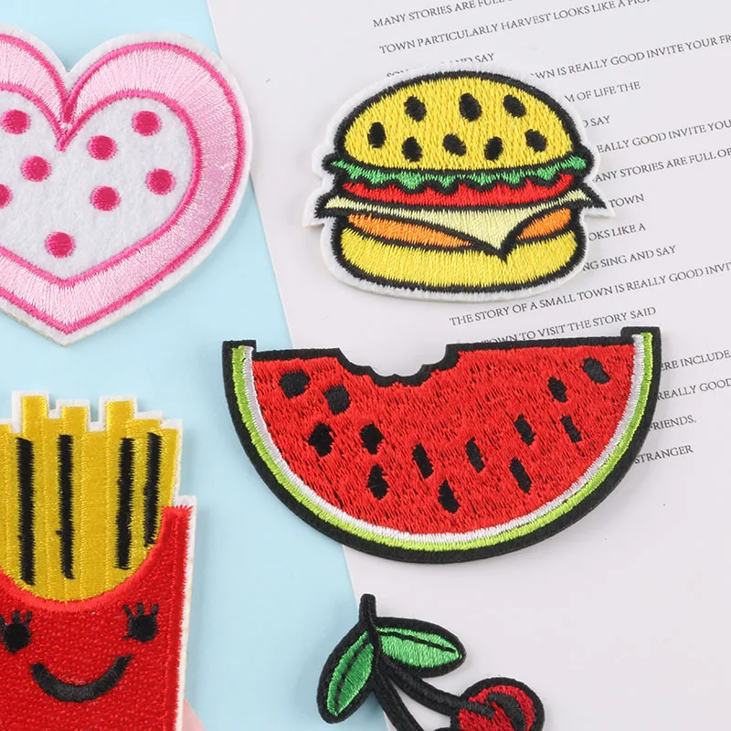 

1pcs Pizza Heart Burger Popcorn Fries Watermelon Cherry Hot Dog Patch Iron On Embroidered For Clothing Cartoon Patches For Kid