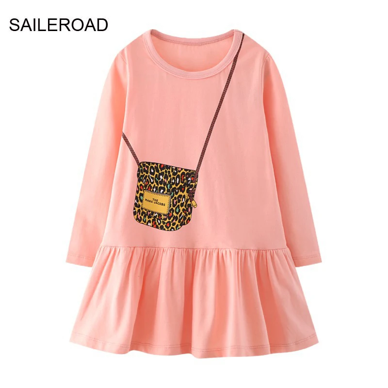 

SAILEROAD 2-7 Years Dresses Children Long Sleeve Bag Design Dress Outfit Baby Girl Princess Dress Cotton Kids Clothes