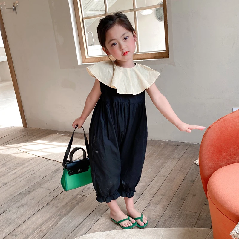 

Summer Girls Overall Baby One Piece Kids Jumpsuits Children Streetwear Clothes Fashion Ruffle Ruched Collar Cotton 2-6Y