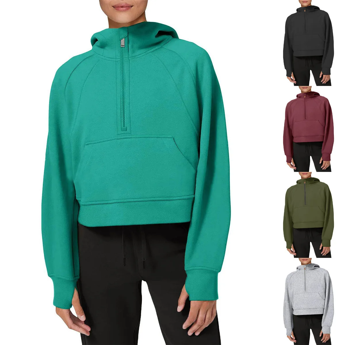 

2022 Womens Hoodies Fleece Lined Collar Pullover 1/2 Zipper Sweatshirts Long Sleeve Crop Tops Sweater Thumb Hole