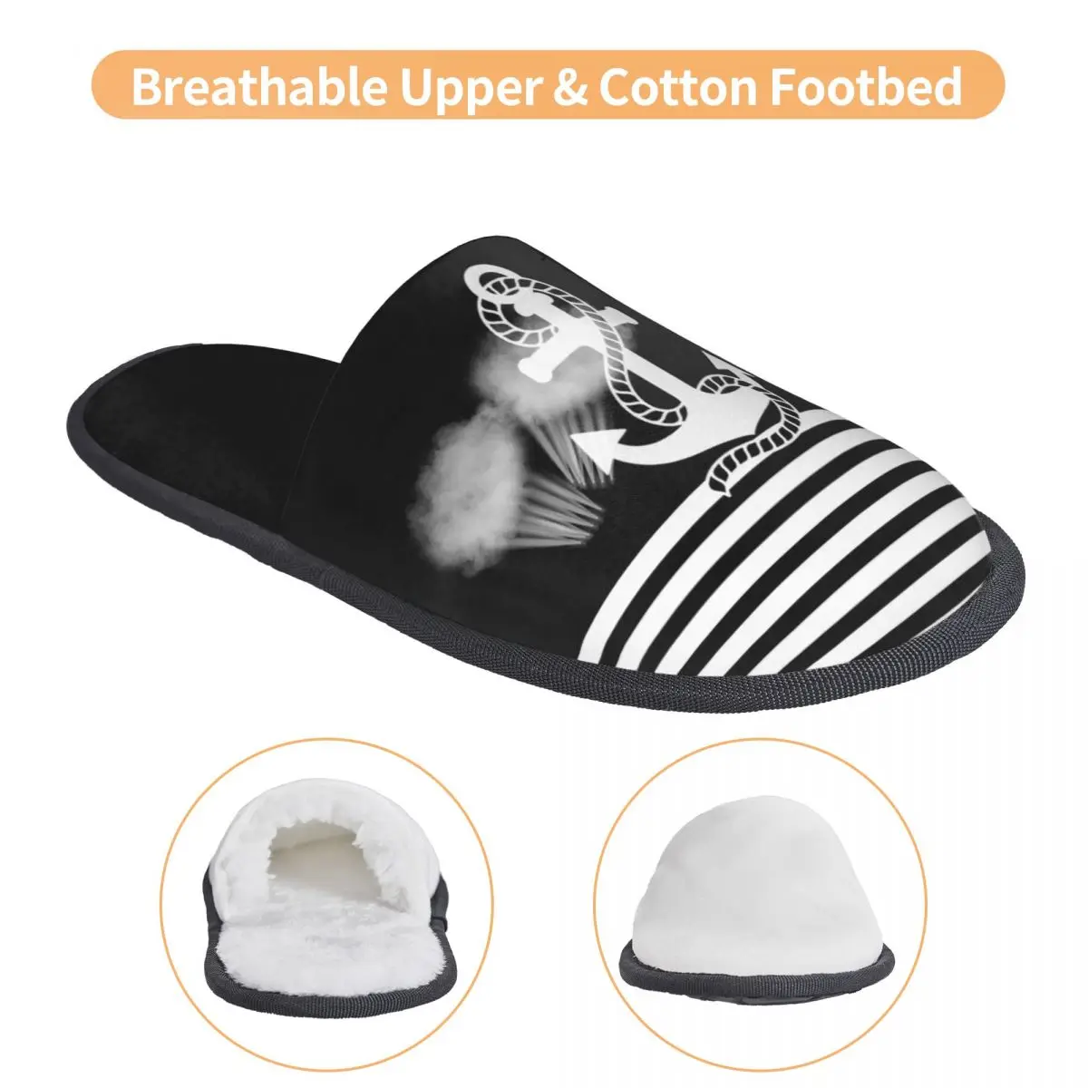 Custom Black White Nautical Stripes And Anchor Memory Foam Slippers Women Cozy Warm Sailing Sailor House