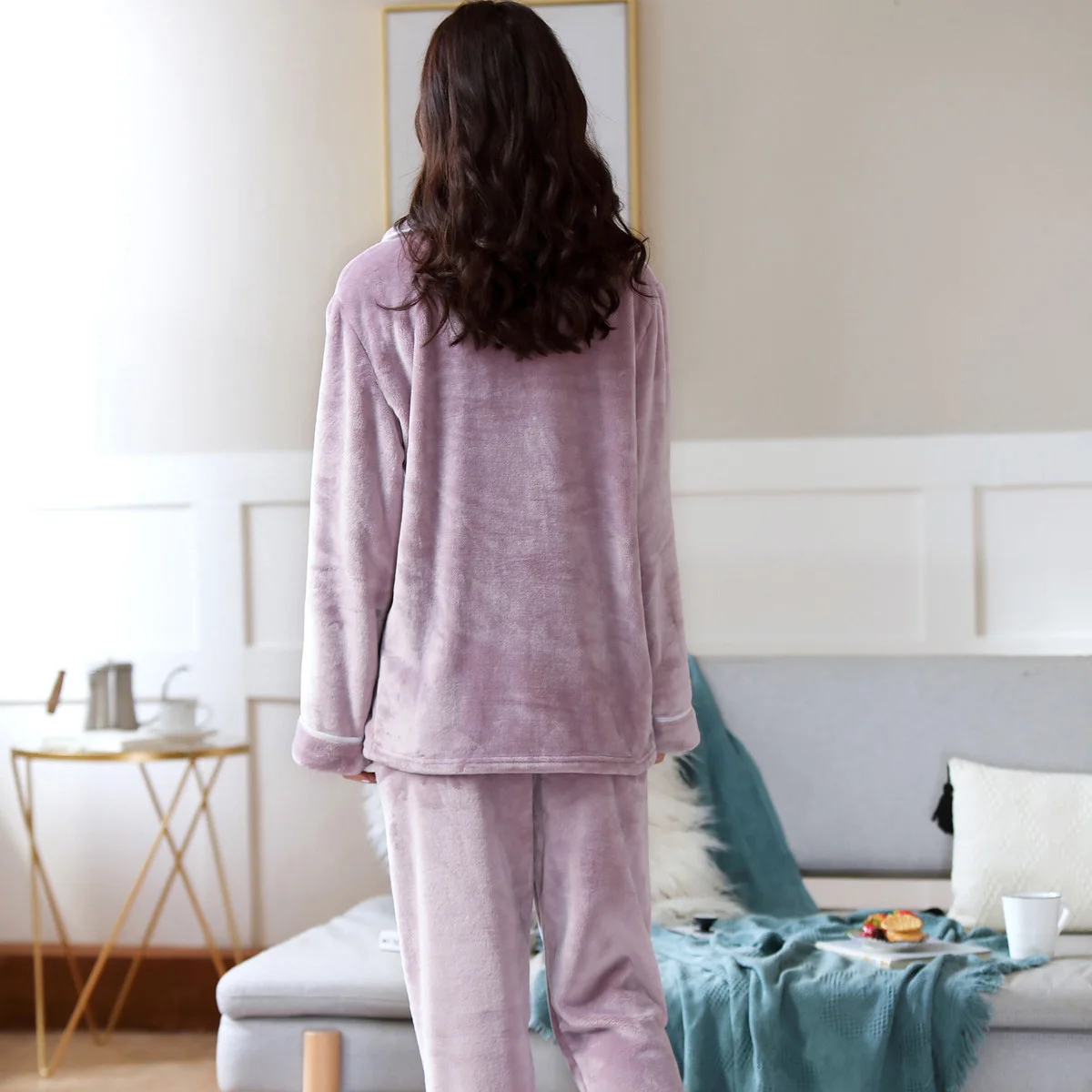 Womens Flannel Purple Pajamas Pyjamas Sets Long Sleeve Sleepwear Pijama Pajamas Suit Female Sleep Two Piece Set Loungewear