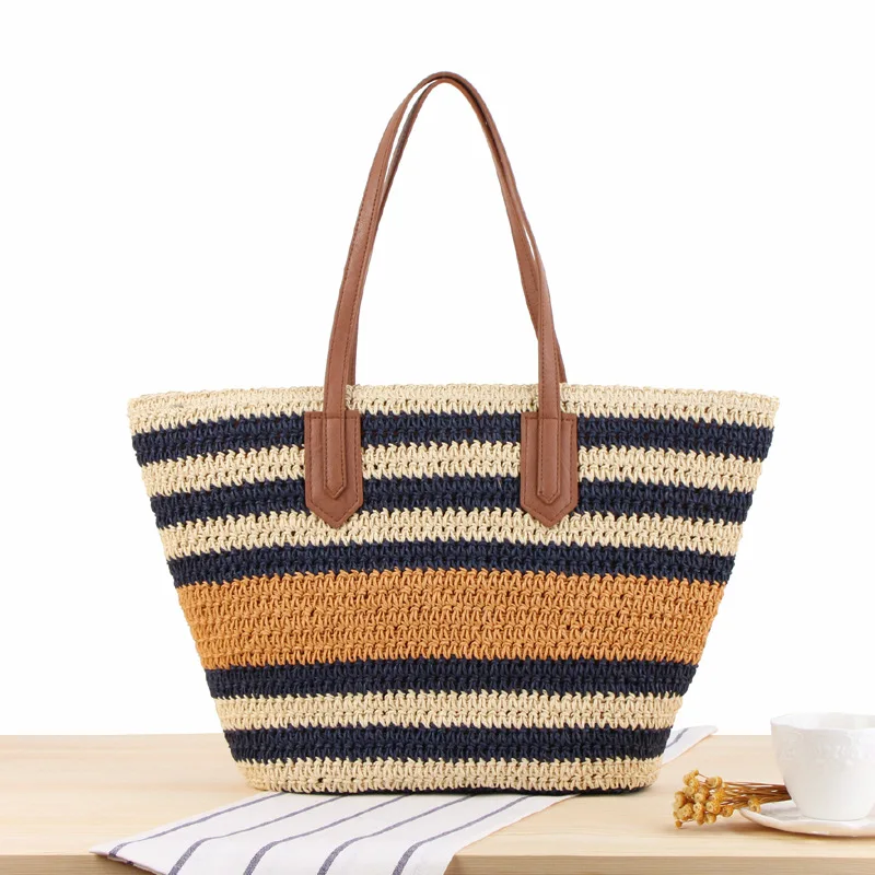 

Tote Bags for Women New Striped Niche One-shoulder Straw Bag Ins Sen Series Holiday Hand-woven Casual Beach Bags