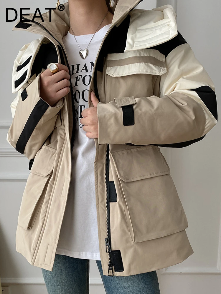 

Женское Стеганое пальто с капюшоном DEAT, свободная куртка-карго составного кроя с воротником-стойкой и поясом на молнии, новинка зимы 2023, 17A4900