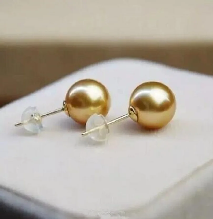 

Gorgeous AAAA++++ 9-10mm Round South Sea Golden pearl earring 18K Yellow Gold
