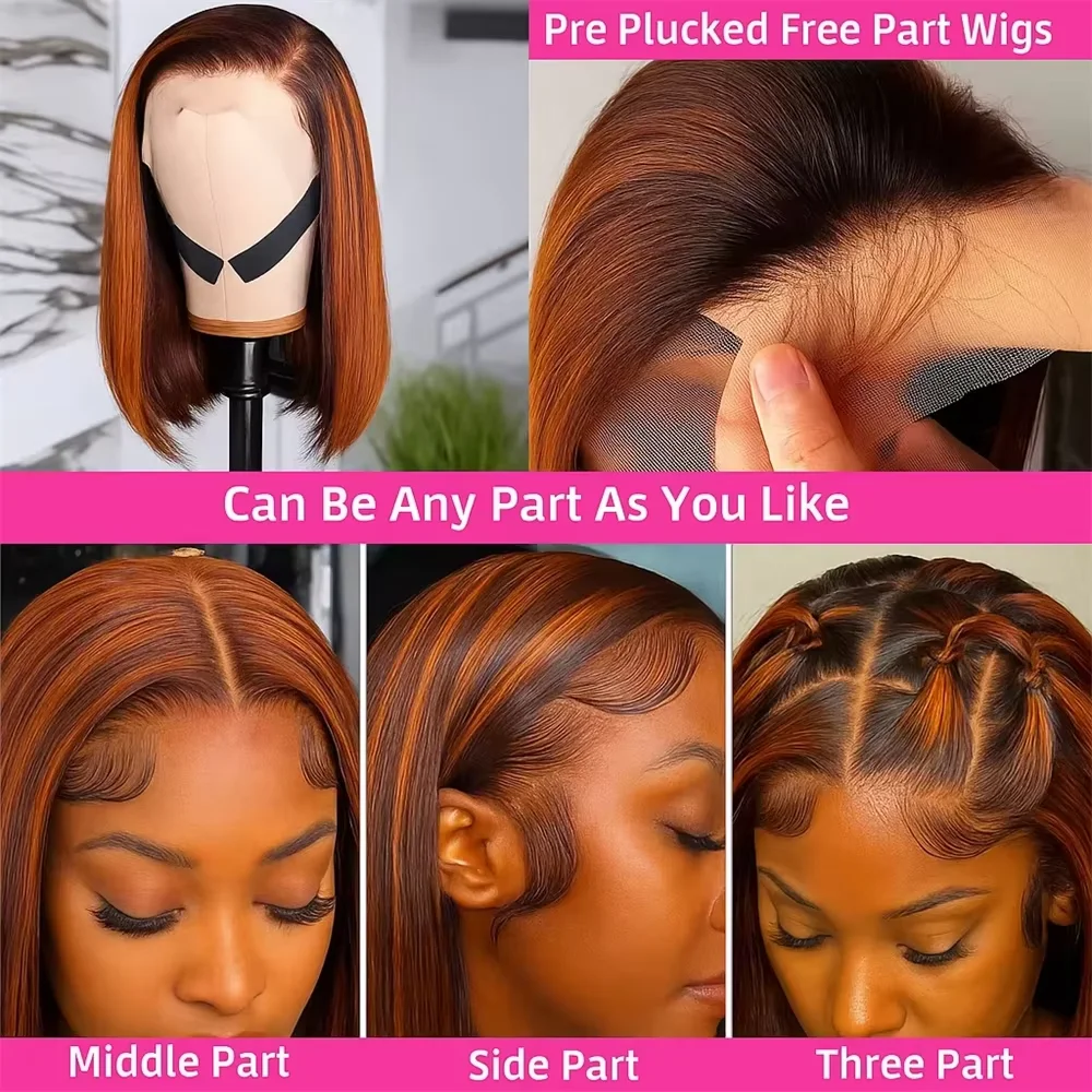 Фото Прямой # Парик из натуральных волос 4/350 Bob Human Hair Wigs Omber Ginger Brown Highlight, 13x4 Lace Frontal, Remy, предварительно прорезанный, для женщин №5