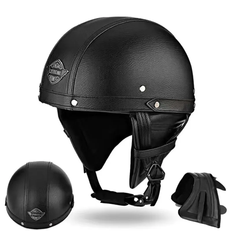 

Black Vintage Motorcycle Helmet PU Leather Open Face Helmet Dot Approved Half Helmet Retro Moto Capacete Motociclistas Capacete