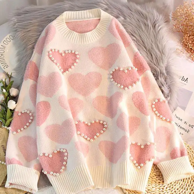 

2022 sweet preppy style sweater autumn winter clothes women fashion new pullovers knitted o-neck beading ladies tops loose