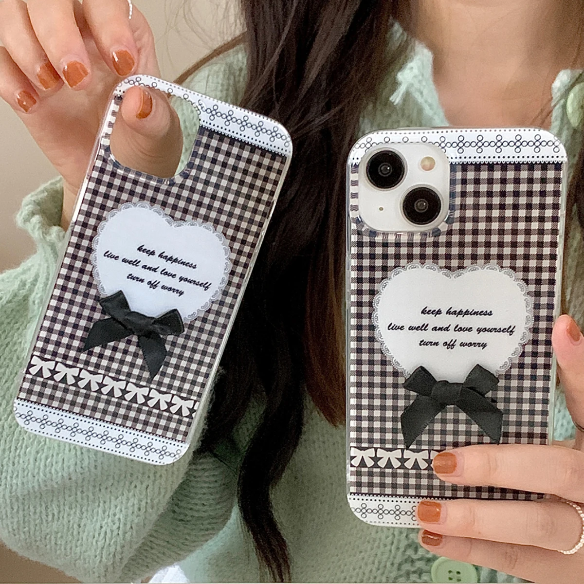 Блестящий двухсторонний IMD чехол с милым бантом в клетку для iPhone 15 13 14 12 Pro Max